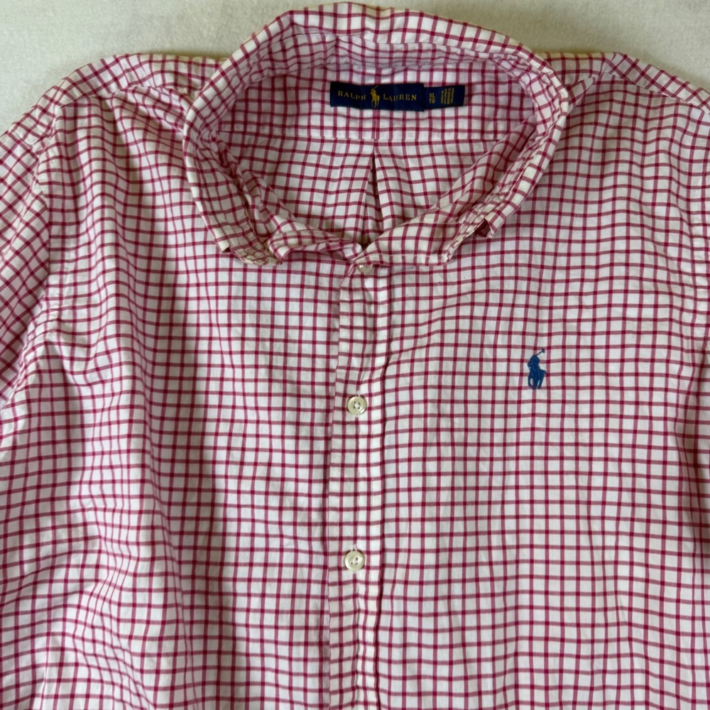 Ralph Lauren Mens XL Gingham Check Button Down Shirt Red White Long Sleeve Pony